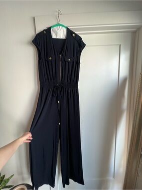 Women's Navy Blue Wide-Leg Jumpsuit with Drawstring Waist